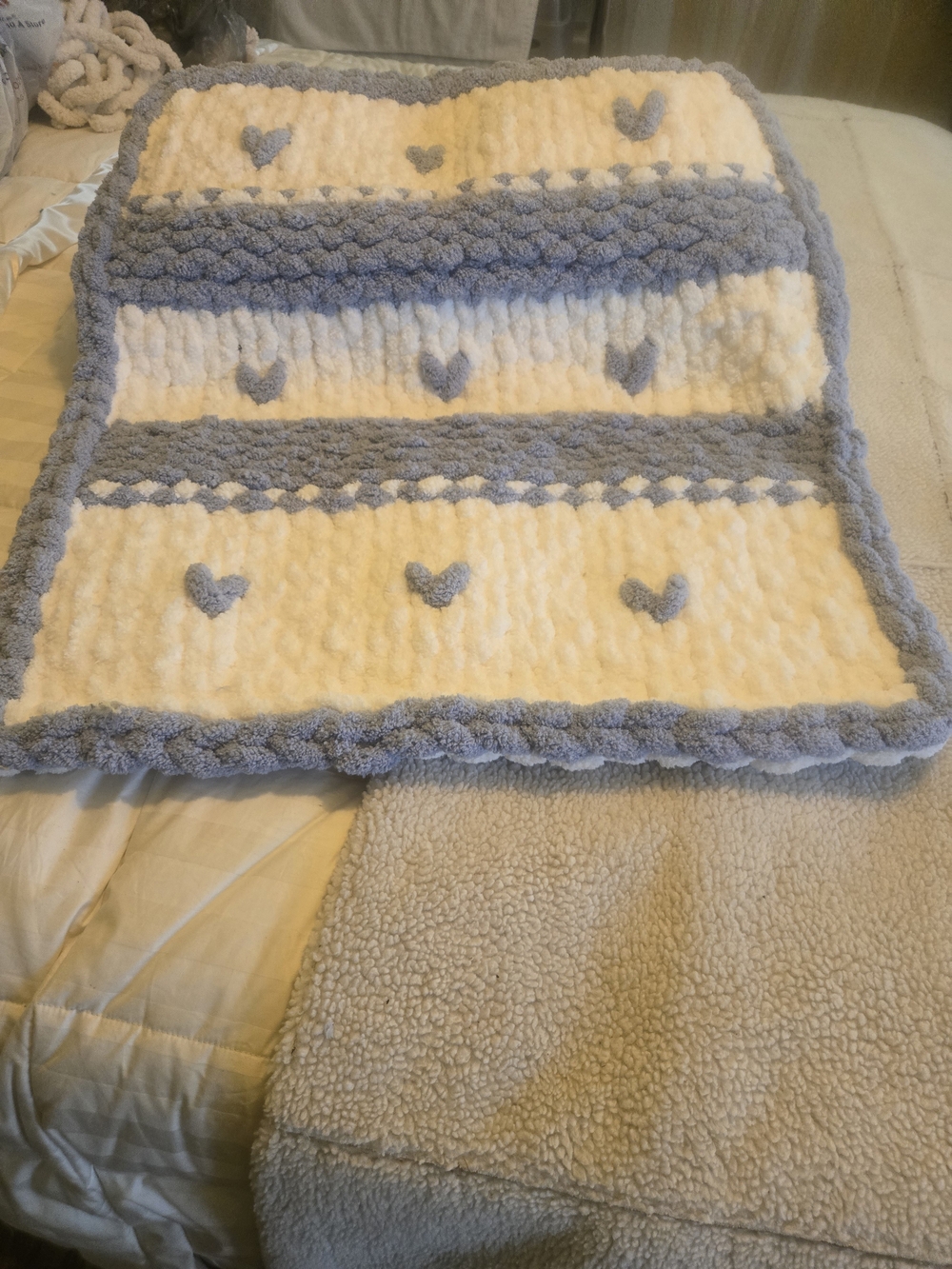 Soft Plush White and Light Blue Heart Baby Blanket
